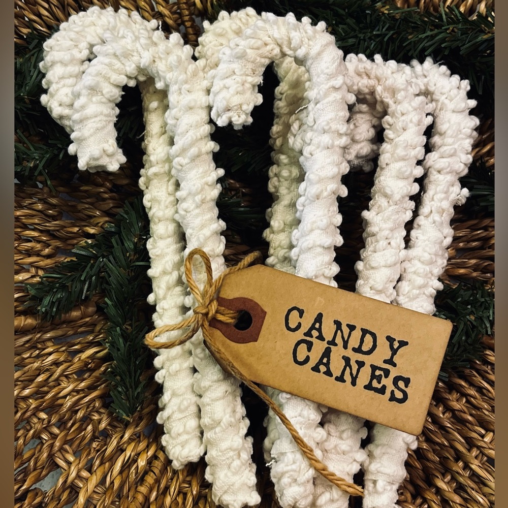 6 handmade vintage chenille hobnail Christmas candy canes ornaments farmhouse